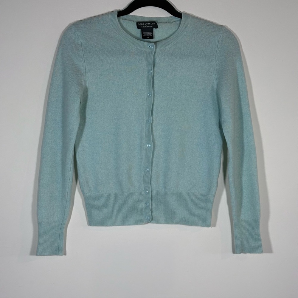 Lord & Taylor 100% Cashmere Cardigan in Soft Aqua Blue Size M